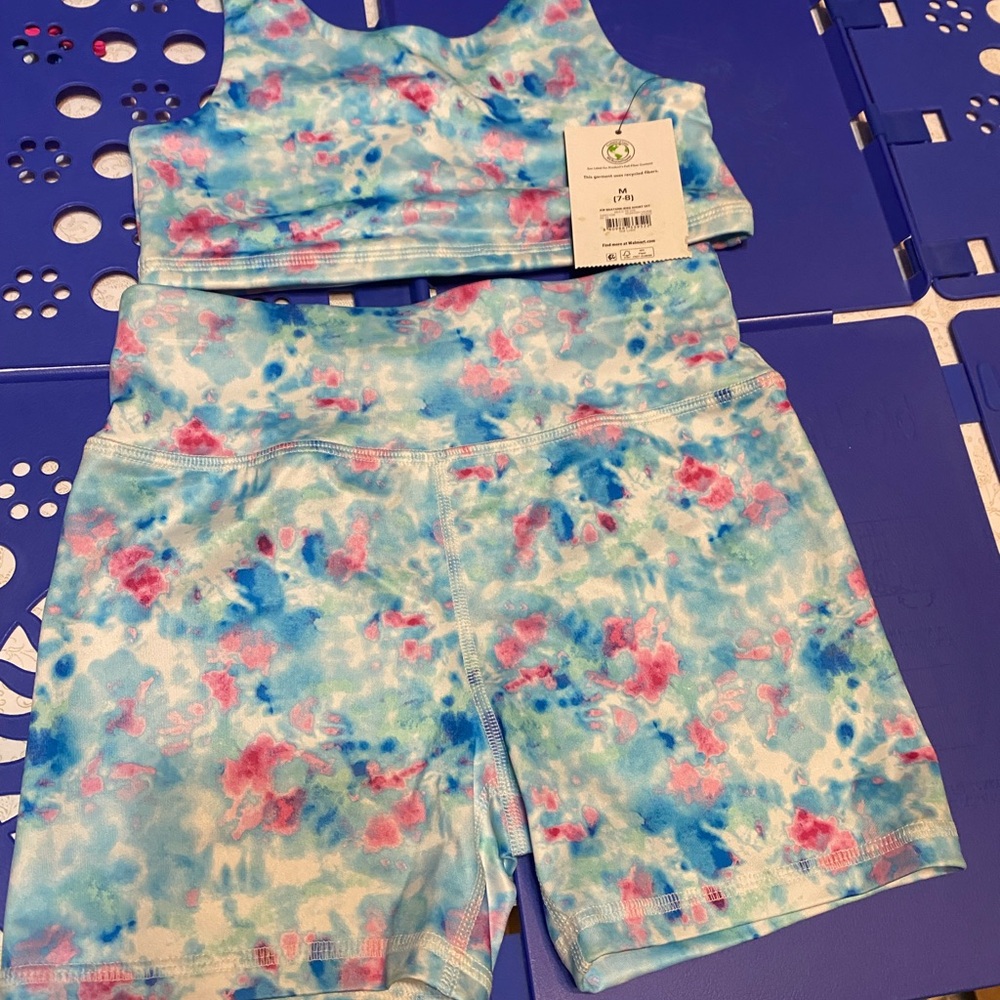 Athletic Works Girls Blue Tie-Dye Sports Bra & Bike Shorts Set
